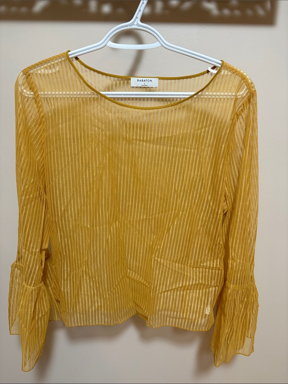 Babaton Mustard Sheer Stripe Long-Sleeve Blouse